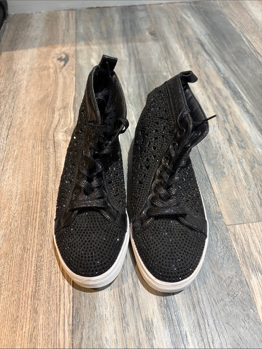Women's Black Lace-Up High-Top  sneakers with Sparkle Detail
